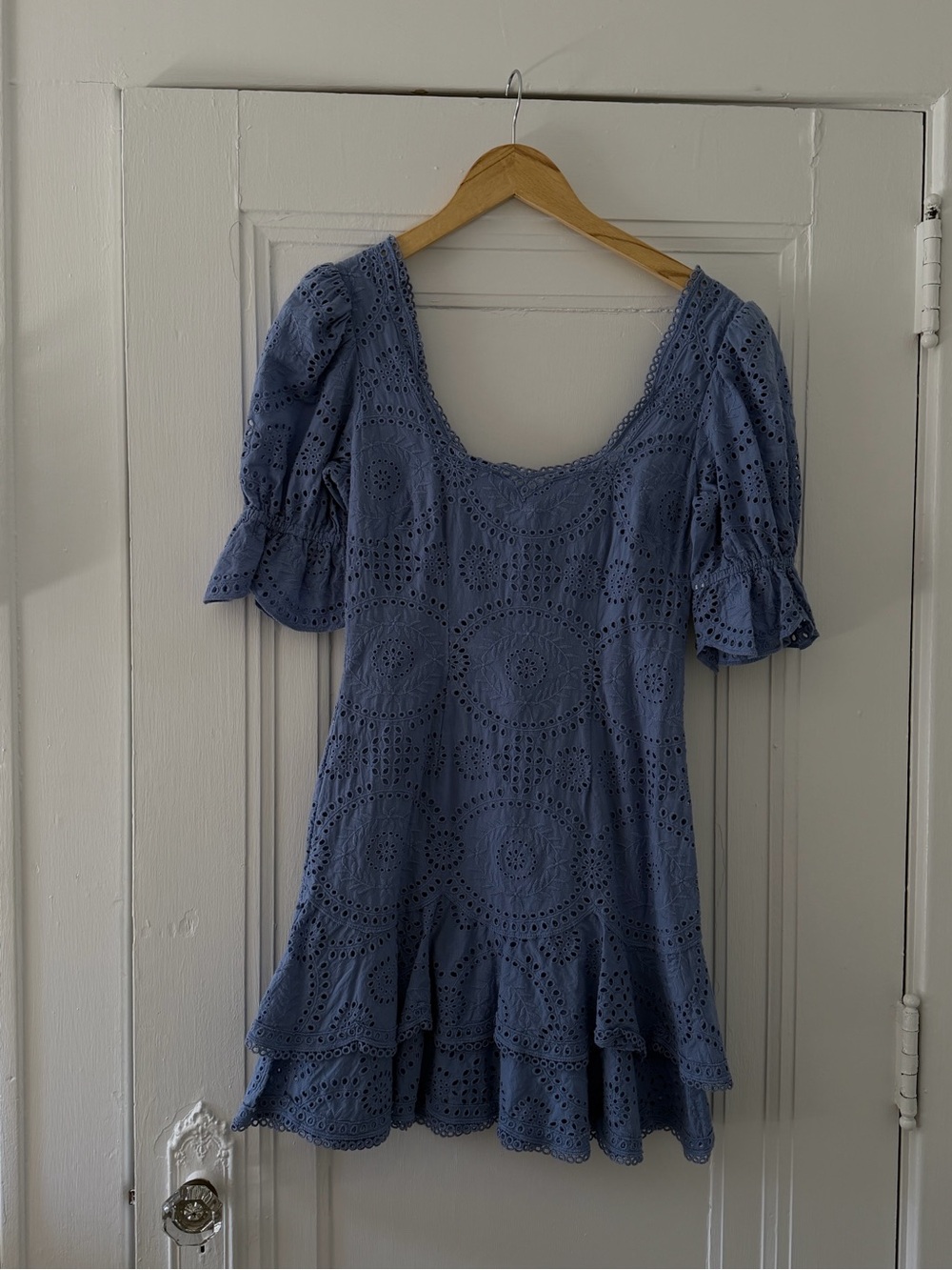Women's Floral Eyelet Mini Dress in Dusty Blue